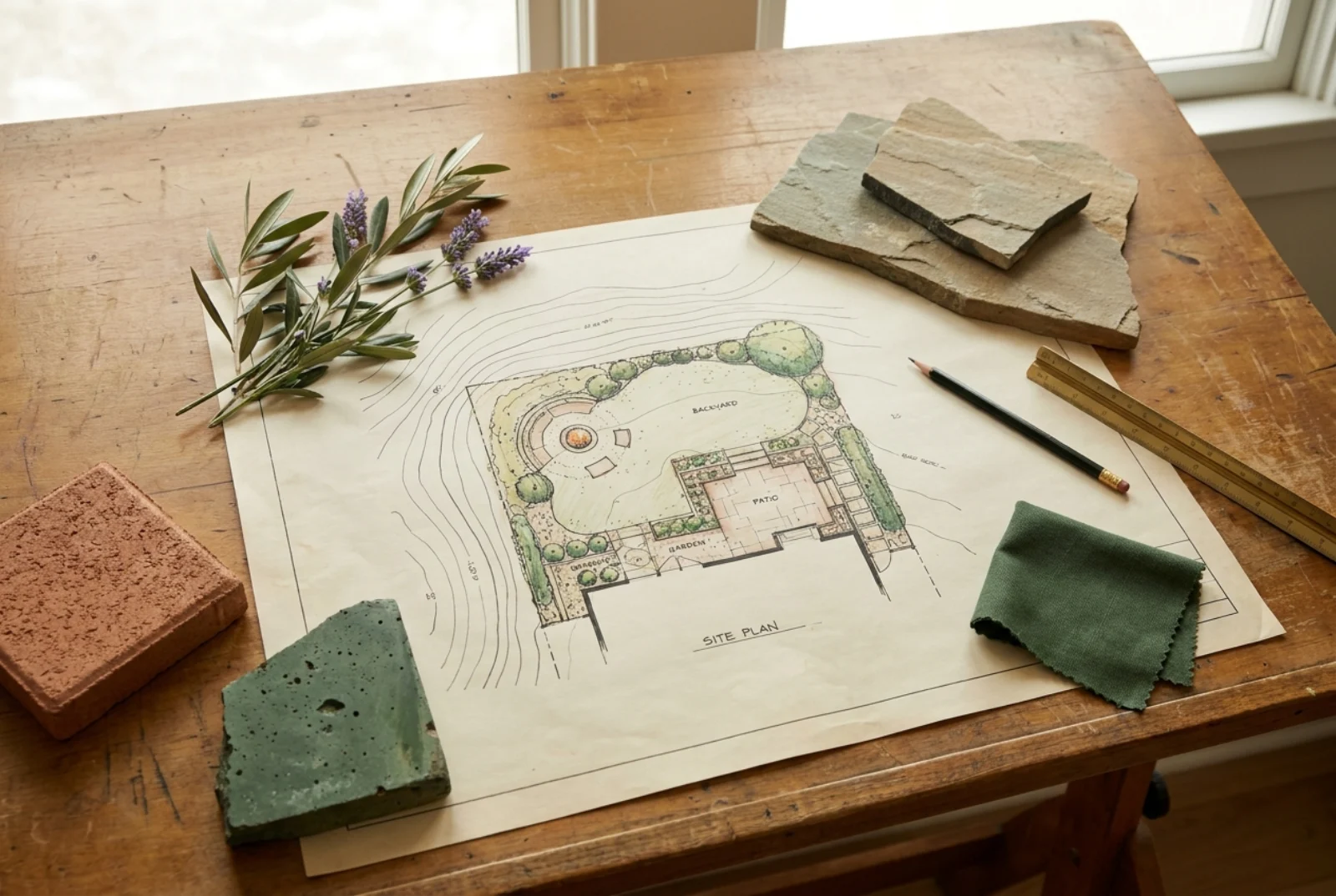 DGS design studio drafting table with a hand-drawn landscape site plan, stone material samples, and an olive sprig