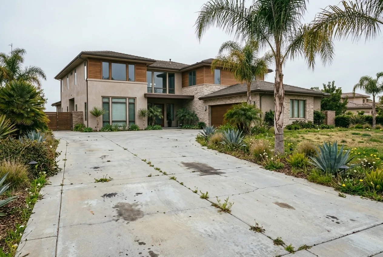 Old cracked grey concrete driveway with weeds and stains
