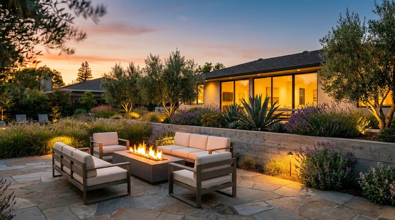 The finished DGS backyard — a natural flagstone patio with a linear fire pit, low-voltage lighting, olive trees and lavender at dusk